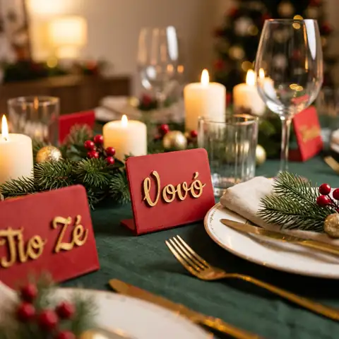 Mesa de ceia com marcadores de lugar com nomes em dourado